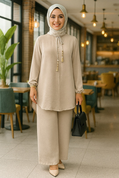 Mercan Püskül Detaylı Tunik & Beli Lastikli Pantolon, Aerobin Kumaş, Alt Üst ...