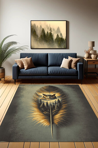 The Reef Design Baykuş Desenli Halı Kuş Tüyü Desenli Puslu Orman Temalı Halı Vahşi Doğa Temalı Diital Baskılı Halı