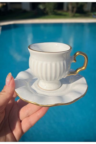 MAMALİZA Set of 6 Turkish Coffee Cups of 90 Ml. Classic Ceramic Cup Set with Gold Detail