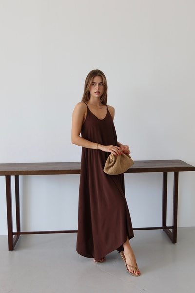 şuranur Bitter Brown Women's Aerobin Fabric Long Dress with Adjustable Strap