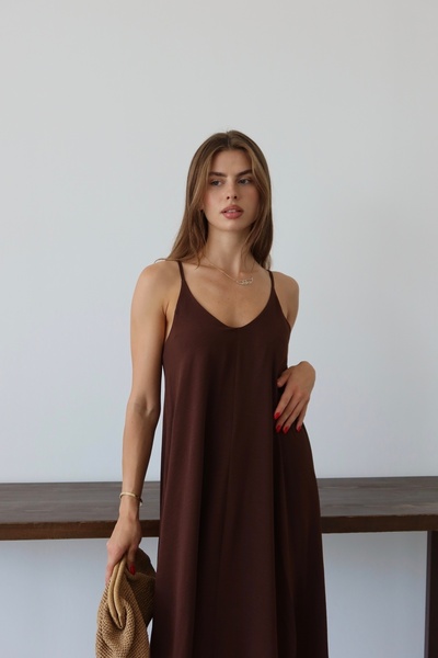 şuranur Bitter Brown Women's Aerobin Fabric Long Dress with Adjustable Strap