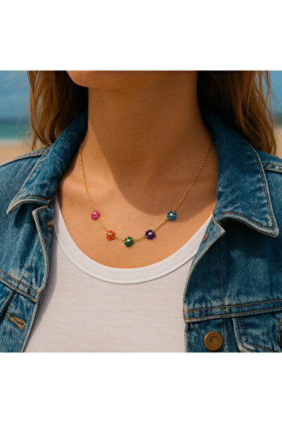 Fynbos Daisy Renkli Papatyalı Toplu Zincirli Kararmayan Altın Kaplama Kolye
