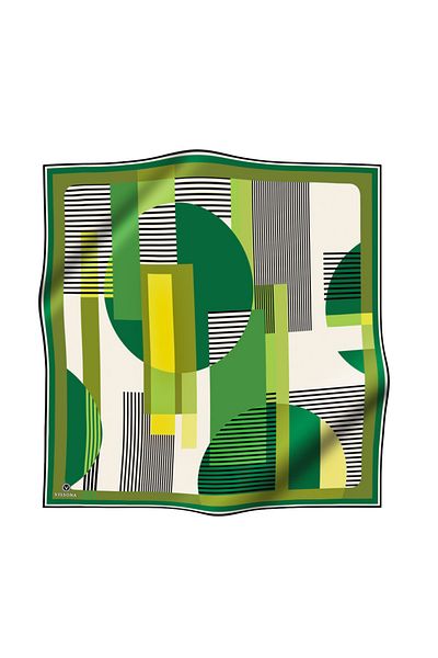 Vissona Geometric Patterned Khaki Silk - Emerald Green, 90X90 Planting Shape Hand Stitching Scarf