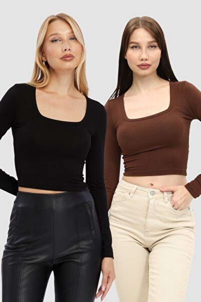 LAENT Kadın Siyah Kahverengi Kare Yaka 2'li Crop Body