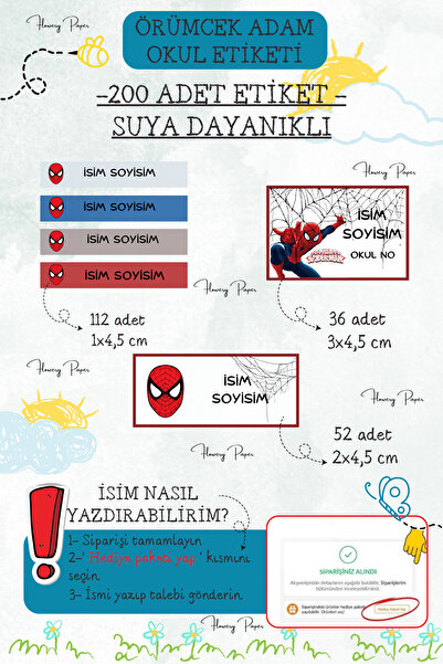 Flowery Paper Örümcek Adam Okul Kalem Defter Kitap Etiketi Özel Isim Yazılabi...