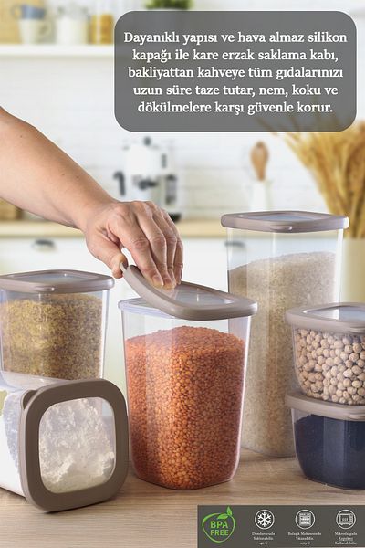 MYBOX 6-Piece Coral Silicone Lid Square Food Storage Container - Flour Pasta Storage Box Spice Rack with Labels