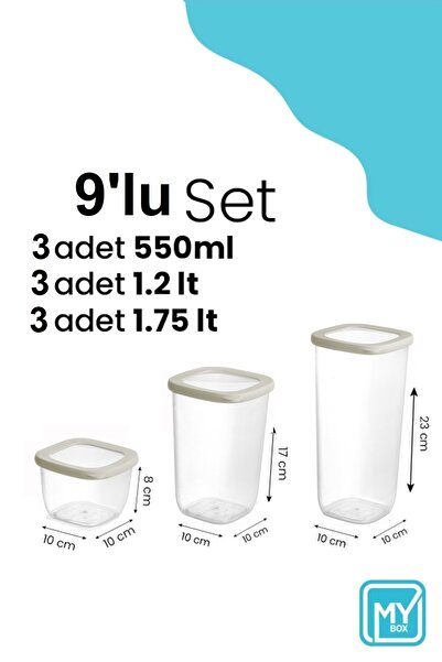 MYBOX 9-Piece Lumia Silicone Lid Square Food Storage Container - Flour Pasta Storage Box Spice Rack with Labels