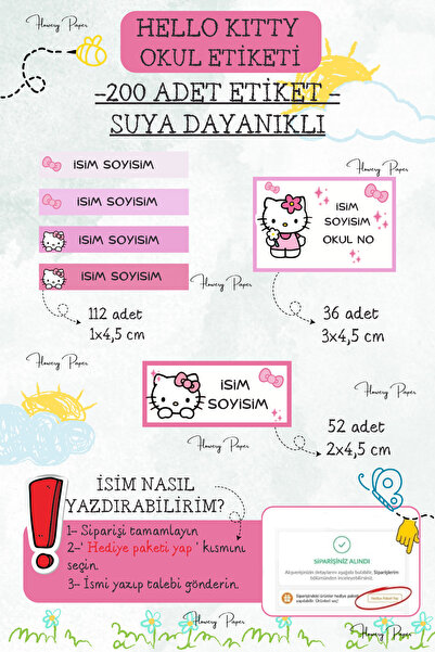 Flowery Paper Hello Kitty Okul Kalem Defter Kitap Etiketi Özel Isim Yazılabil...