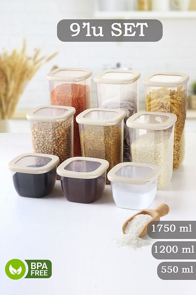 MYBOX 9-Piece Lumia Silicone Lid Square Food Storage Container - Flour Pasta Storage Box Spice Rack with Labels