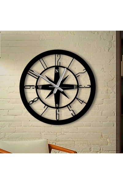 Modern Pusula Tasarımlı Metal Duvar Saati - 40 cm Siyah Yuvarlak Saat