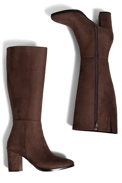 moun shoes Women's Bitter Brown Suede Zippered Below the Knee Heeled Boots (the Calf Can Stretch up to 2 cm)