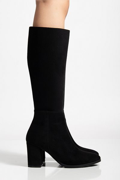 moun shoes Women's Black Suede Zippered Below the Knee Heeled Boots (2 cm Stretch Available at the Calf)