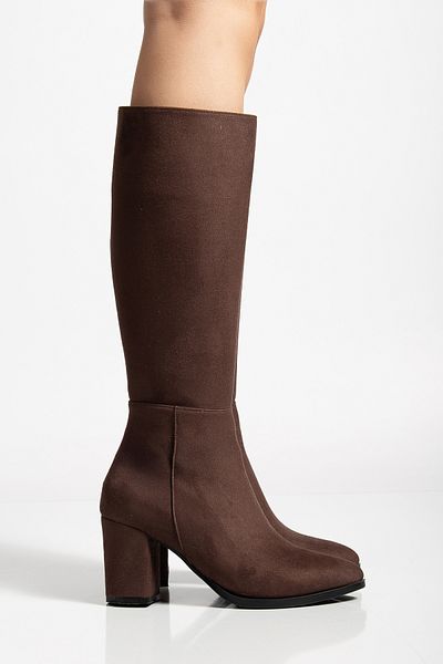 moun shoes Women's Bitter Brown Suede Zippered Below the Knee Heeled Boots (the Calf Can Stretch up to 2 cm)