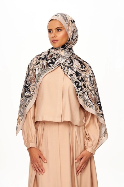 MOISCARF NOIR FLORA Σάλι με έθνικ σχέδιο μηδενικού βάρους σκούρο μπεζ