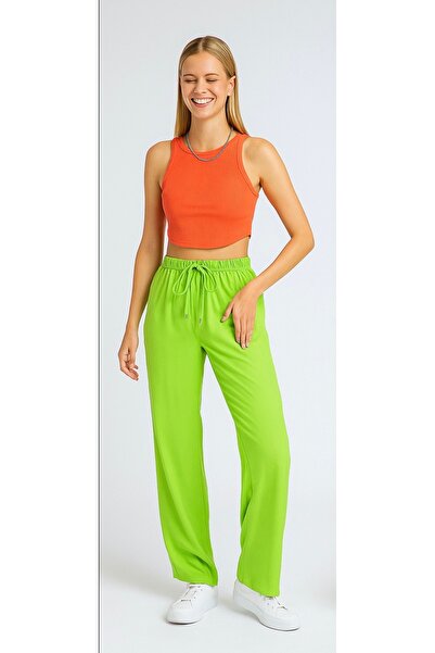 SheLoria Women's Pistachio Green Belted Elastic Waist Relaxed Fit Palazzo Vis...