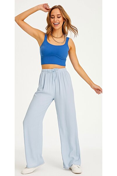 SheLoria بنطلون نسائي من الفسكوز باللون الأزرق الفاتح بحزام مطاطي وخصر مريح