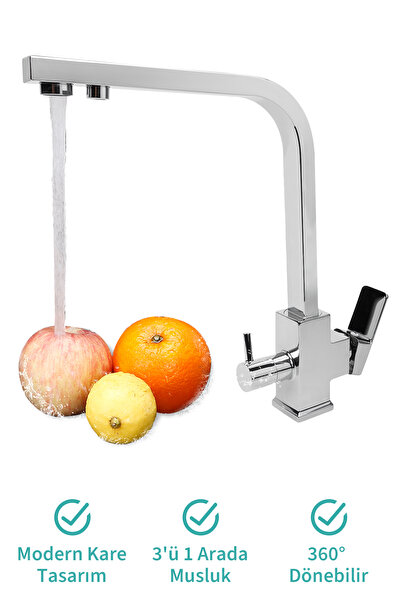 Vorgens Kare 3 Yollu Arıtmalı Musluk Mix Aç Kapa Dönebilen Mutfak Eviye Batar...