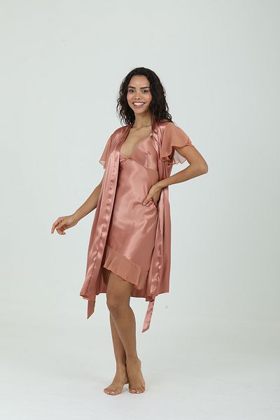 Bondy Short Sleeve Satin Dowry Nightgown Dressing Gown Set – Romantic Style Copper