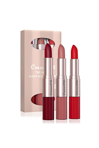 cmaadu مجموعة أحمر شفاه وملمع شفاه 2 في 1 من 3 قطع، مجموعة هدايا أحمر شفاه مخ...