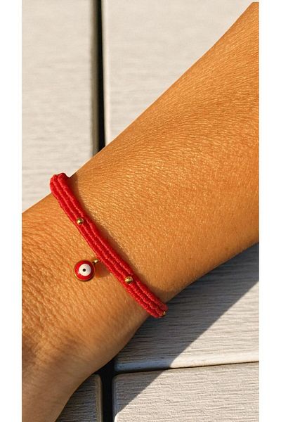 Bensei Takı Dükkanı Bensei̇ Steel Case Red Evil Eye Bead Accessory, Steel Beaded, Micro Knot Red Bracelet