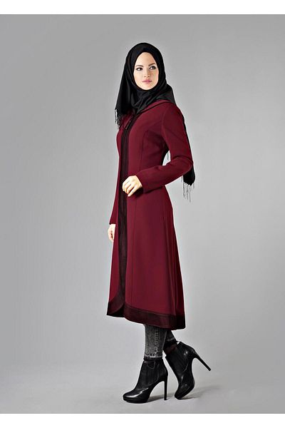 TRENDTESETTÜR Women's Burgundy (K.BORDO) Zippered Hooded Trench Coat 1603