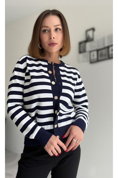 FLEX FASHION Women's Trend Popular Stripes 60 cm Black White Knitwear Cardigan