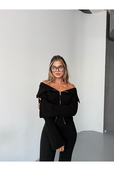 İLKCET MODA Double Zippered Black Madonna Collar Sweater Cardigan