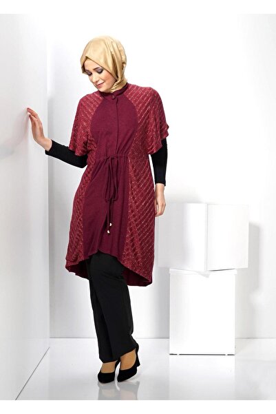 TRENDTESETTÜR KADIN BORDO BELİ BÜZGÜLÜ SİMLİ TRİKO TUNİK 2434