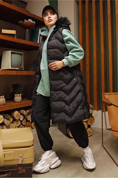 TRENDTESETTÜR Women's Black Hooded Fur Puffer Vest 7852