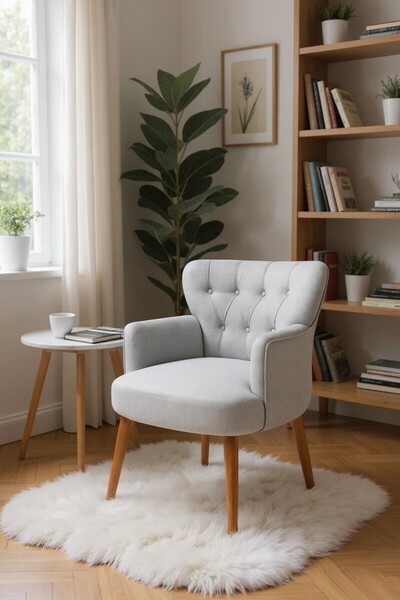 Azra Mobilya Modern Berjer Tekli Koltuk – Gümüş Babyface Kumaş, Ceviz Ayak, | Salon, Oturma Odası, Balkon İçin