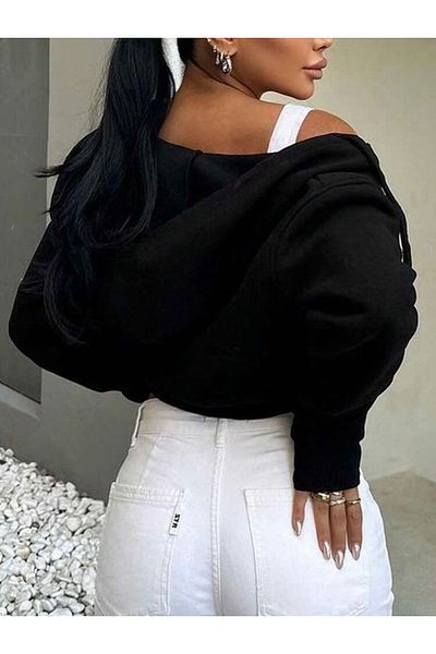 BYMEER Black Oversize Zippered Hooded Crop Sweat Cardigan