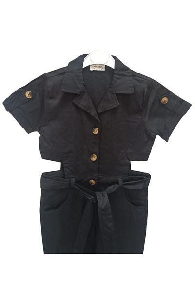 Riccotarz Girl - Black Jumpsuit with Collar, Slit Waist and Belt