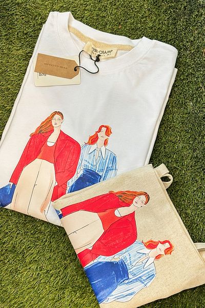 The Champ Clothing Women's Oversize Illustration Printed T-Shirt + Cloth Bag Gift Combination – 100% Cotton