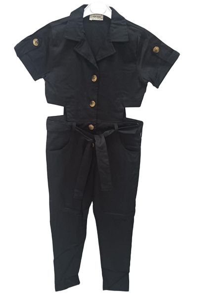 Riccotarz Girl - Black Jumpsuit with Collar, Slit Waist and Belt