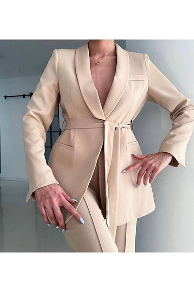 Moda İkra Belted Blazer Jacket and Wide Leg Trousers Set - Women