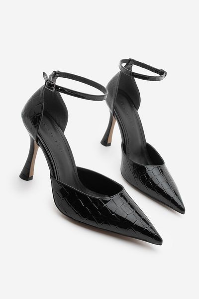 Marjin Women's Stiletto Pointed Toe Shoes Black Croco Heeled Ankle Strap