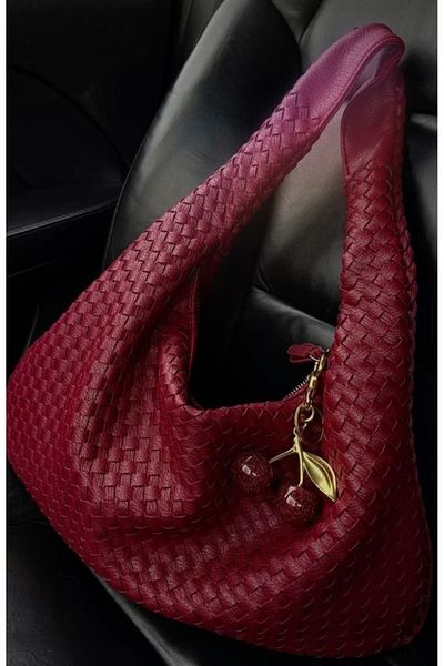 Elanore Knitted Detailed Retro Btgg Women's Shoulder Bag Claret Red