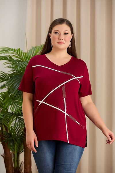 Orly More Viscose Fabric Plus Size Short Sleeve Stone Embroidery Detailed Mother Combed Cotton Blouse