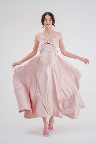 Desen Hamile Giyim Pudra Parlak Saten Uzun Hamile Abiye Elbise