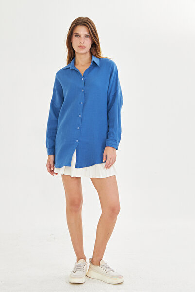 Si&Su Müslin Kumaş Kadın Rahat Kesim, Oversize,Salaş Gömlek