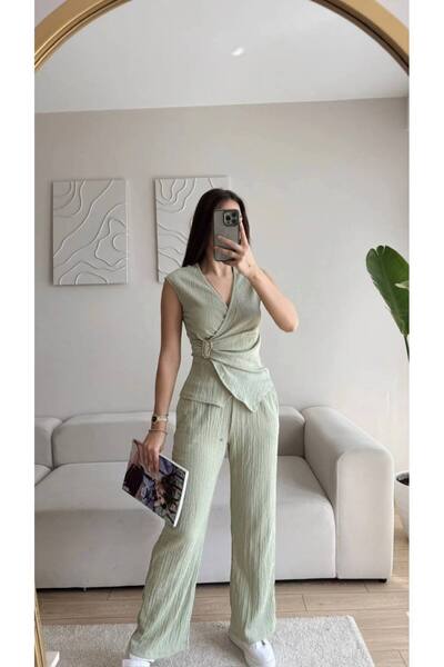 WeebBoutique Kruvaze Waist Buckle Bottom Top Daily Suit Green