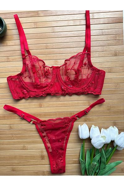 Sevamed Fancy Red Lingerie Set Underwire Cupless Tulle Floral Pattern Bra Set with Bra and Thong