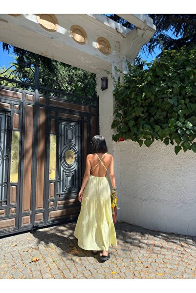 Weeb Butik Askılı Dökümlü Şık Midi Elbise Günlük Keten