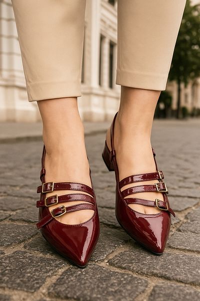Nstil Daily Women's Burgundy Patent Leather Pointed Toe Adjustable Belt Helmet Short Block Heeled Shoes 455