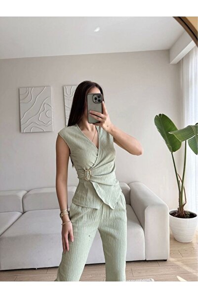 WeebBoutique Kruvaze Waist Buckle Bottom Top Daily Suit Green