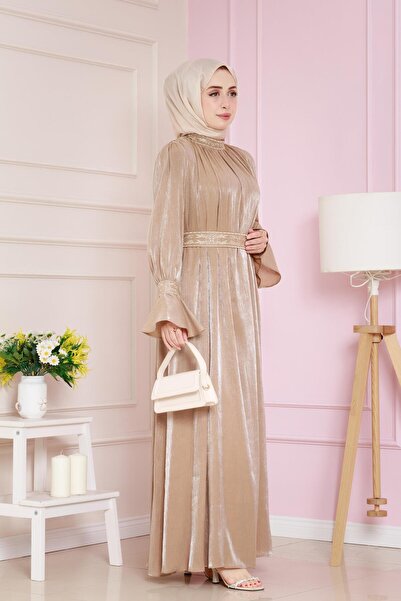 Sevitli Βραδινό φόρεμα με λαιμόκοψη με λαβή και λεπτομέρεια κεντήματος - MINK