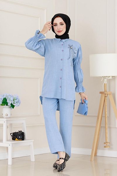Sevitli Double Suit with Stones on the Front and Elasticized Sleeves - Baby Blue
