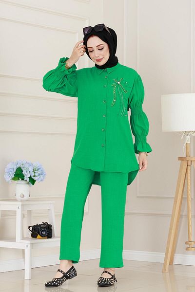 Sevitli Double Suit with Stones on the Front and Elastic Handles - Green