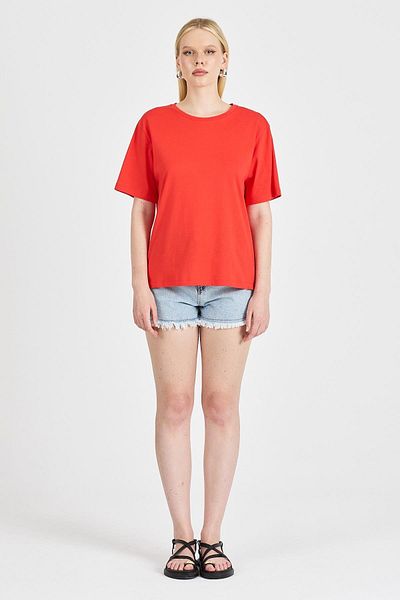 odelon Women's Back Detailed 100% Cotton Red T-Shirt