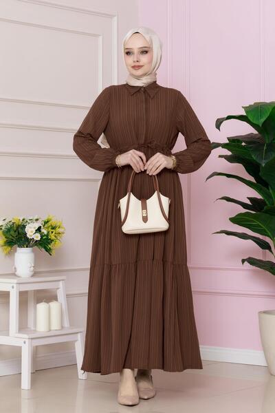 Sevitli Καφέ φόρεμα Sare - Πουκάμισο γιακά και σήραγγα μέσης